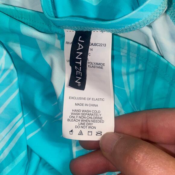 Jantzen Teal Blue Tropical Hawaiian Swim Bathing Suit Over Skirt Women's Size 14 - Picture 7 of 8